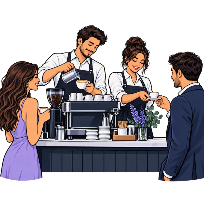 Ilustración tipo cómic de dos baristas atendiendo una estación de café en una activación