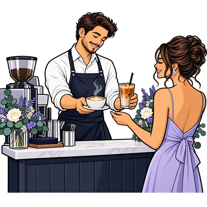 Ilustración tipo cómic de un barista ofreciendo café caliente y frío en una boda
