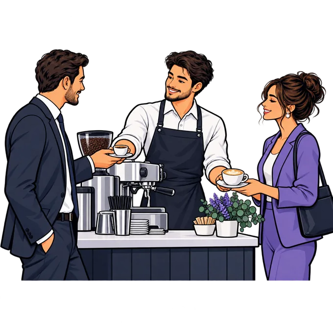 Ilustración tipo cómic de un barista sirviendo café durante un congreso