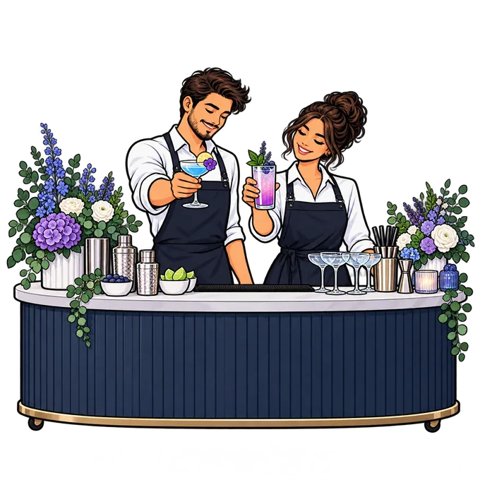 Ilustración tipo cómic de una barra con flores y bebidas de colores coordinados