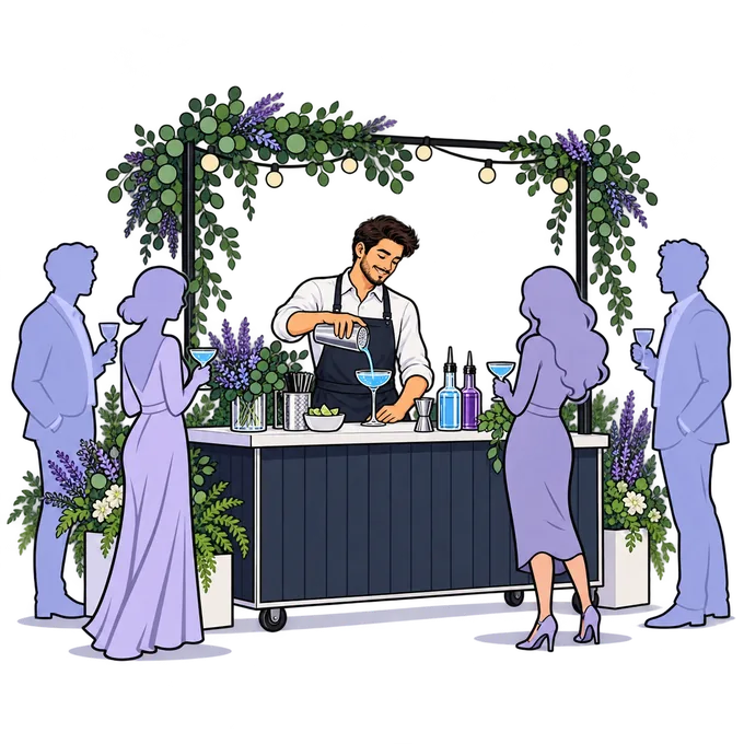 Ilustración tipo cómic de invitados reunidos alrededor de una barra visible en un jardín