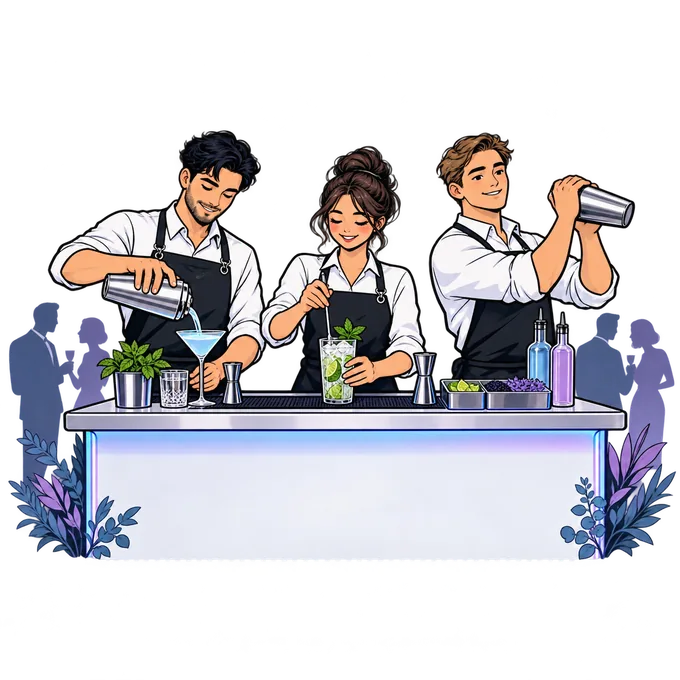 Ilustración estilo cómic de tres bartenders atendiendo una barra