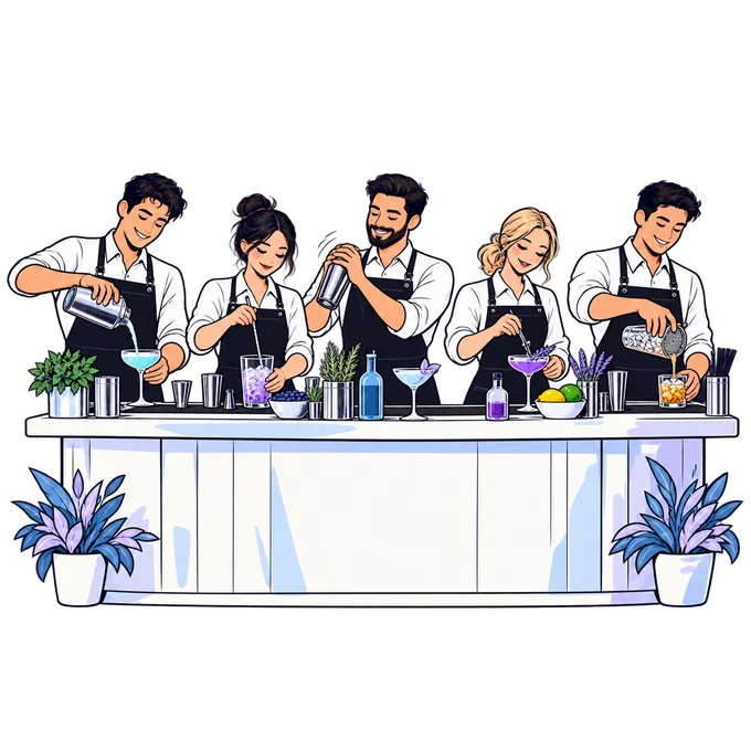 Ilustración estilo cómic de cinco bartenders atendiendo una barra