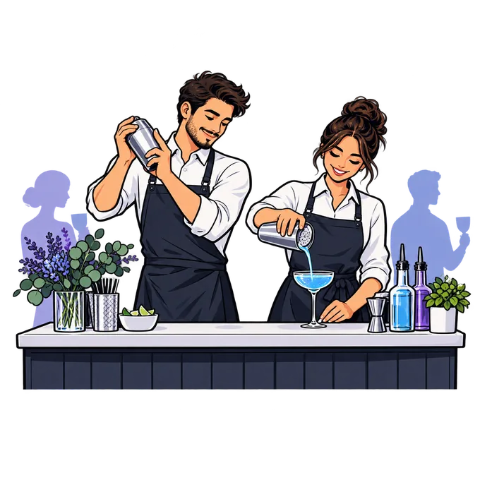 Ilustración estilo cómic de dos bartenders atendiendo una barra