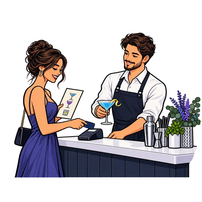 Ilustración tipo cómic de una invitada pagando una bebida en la barra