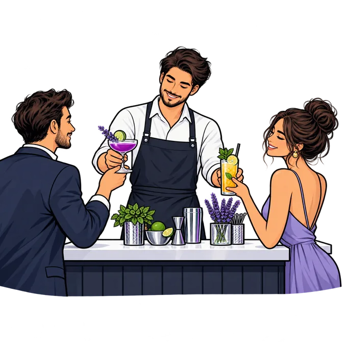 Ilustración tipo cómic de un bartender sirviendo un cóctel y una bebida sin alcohol
