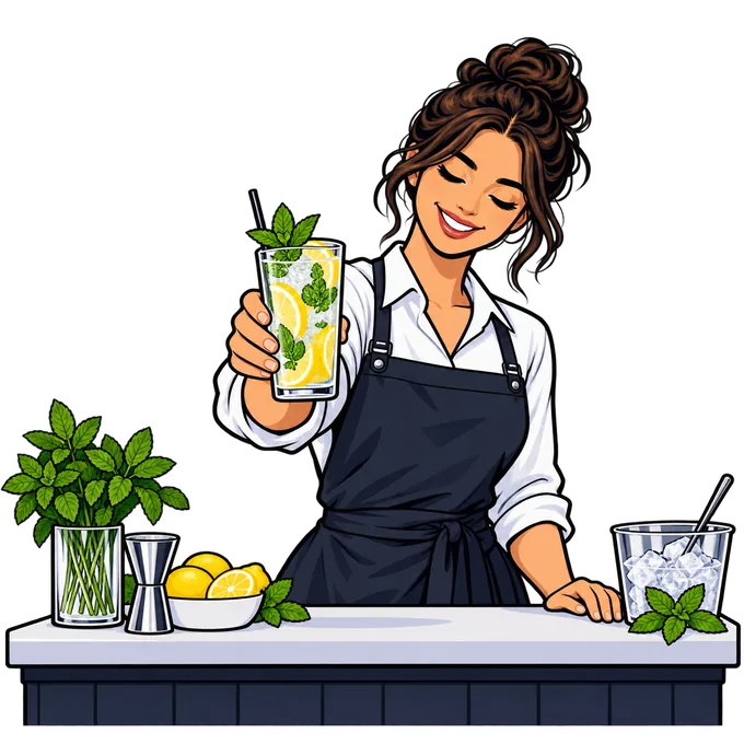 Bartender ilustrada mostrando una bebida con limón y hierbabuena