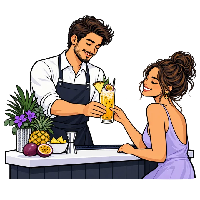 Bartender ilustrado sirviendo una bebida tropical sin alcohol
