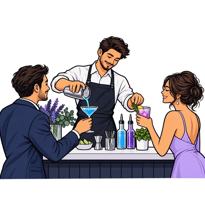 Ilustración tipo cómic de un bartender sirviendo bebidas a dos invitados